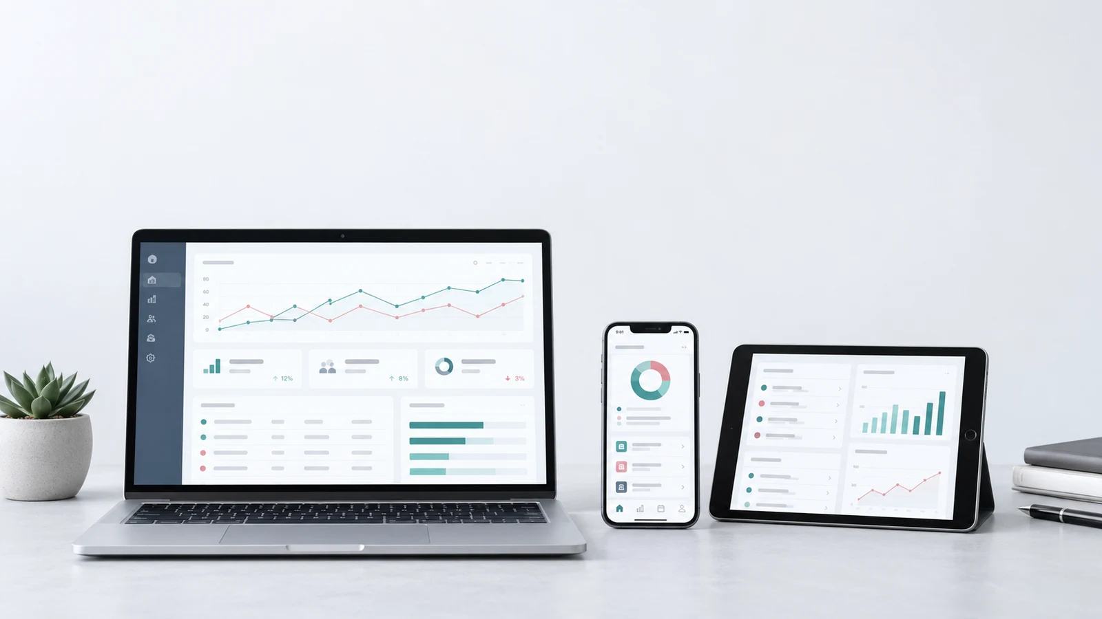 A laptop, phone and tablet displaying business website and application interfaces
